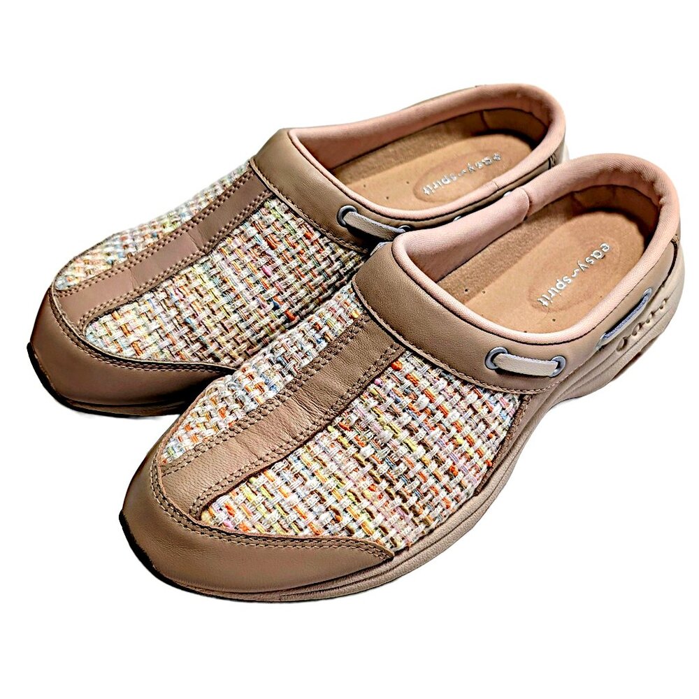 Easy Spirit Travelport Mules 9M • Natural Woven Slip-On Comfort Walking Shoes